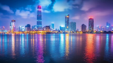 Obraz premium Night City Skyline: Vibrant Towers and Serene Reflection