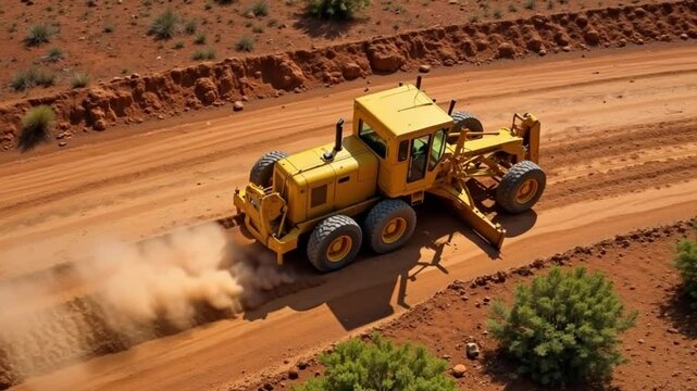 Yellow grader leveling a dirt road in a desert landscape during construction