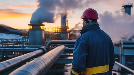 A worker monitoring geothermal power plant maintenance.