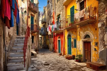 Colorful narrow alleyway with clothes hanging