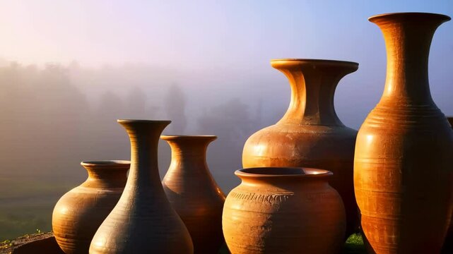 Collection of Rustic Terracotta Pots in Misty Sunrise Landscape