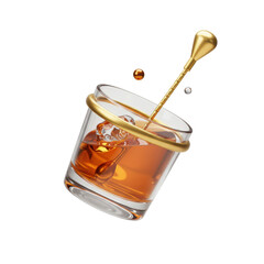 Close-Up View of a Whiskey Glass with Ice and Gold Stirrer in Mid-Splash on a Transparent Background
