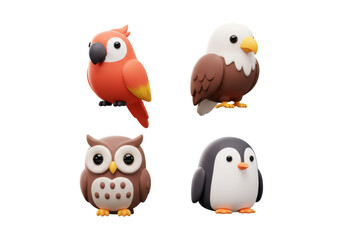 Fototapeta premium Collection of Four Colorful Cartoon Bird Characters Including Parrot, Eagle, Owl, and Penguin