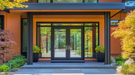 Modern home entrance with glass double doors, orange siding, and landscaping.