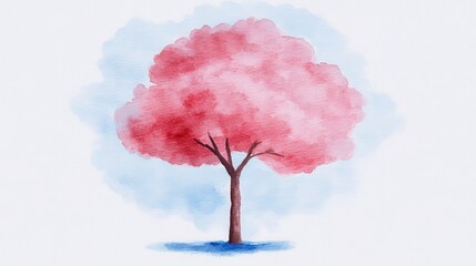 Red watercolor tree blooms under a faded sky casting a soft blue shadow