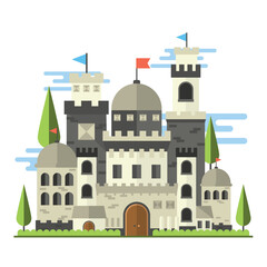 Flat design illustration of a medieval castle with towers, flags, and a fortified structure. This vector features a charming and clean architectural style.