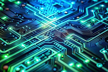 Fototapeta premium Abstract Circuit Board Close Up Blue and Green Highlights