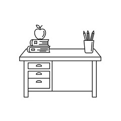 Desk with books, apple, and pens in minimalist style  