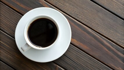 Top View of Black Coffee in White Cup on Diagonal Wood