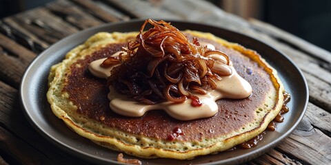 Savory pancake topped with creamy sauce crispy onions and rich glaze