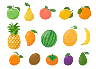 Fresh fruits icons set. Organic fruits for juice, smoothie or vitamin healthy food. Vector illustration isolated on white background.