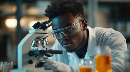 A scientist working in a lab, conducting an experiment, using a microscope, focused, concentrated,  