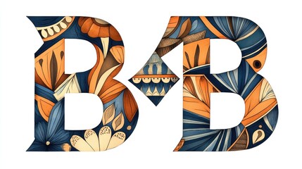 Decorative monogram.  Intricate floral and geometric design layered over the letters B&B