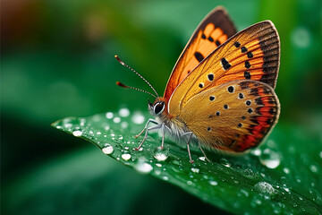 Obraz premium Ultra-realistic macro insect scenes with butterflies, dew drops, and empty space for text. Perfect for eco-friendly campaigns, 8k quality.