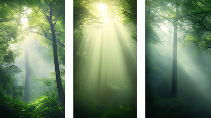 Fototapeta premium Set of three vertical banners depicting a lush green forest with sunbeams piercing the canopy, misty background, and a tranquil, ultra-realistic atmosphere