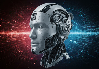 Robot head against vivid red and blue backdrop, futuristic and striking contrast.