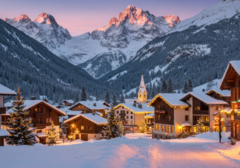 Fototapeta premium Snowy village in the Alps, nestled among mountains, with charming wooden chalets and smoke rising from chimneys under a clear blue sky.