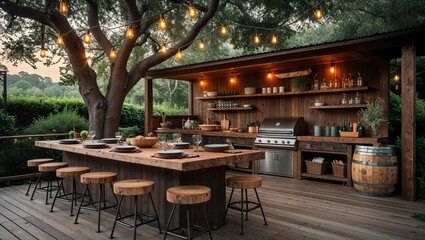 Fototapeta premium a rustic outdoor kitchen and dining area, styled with a natural and earthy aesthetic. The layout features a wooden deck with a long, wooden counter on the left, accompanied by several round, wooden st