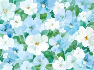 Serene floral watercolor azure and ivory blooms in a dreamy garden