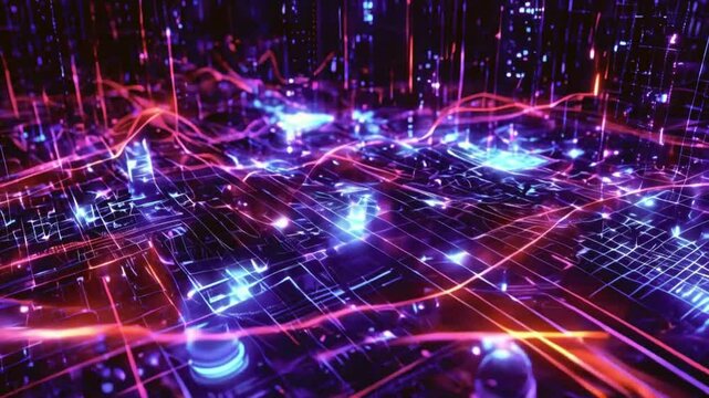 Futuristic cyber cityscape illuminated with neon lights and digital networks, representing modern technology and innovation. - Powered by Adobe