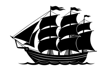  Silhouette of vintage sailing ship with flags and sails vector illustration © Rabea