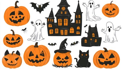 A festive collection of halloween themed imagery on a white background