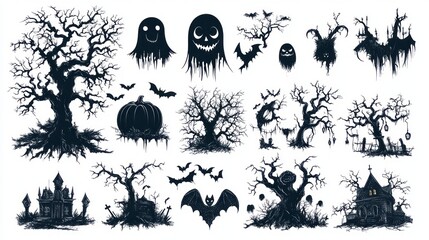 Dark halloween themed elements like bats ghosts and scary trees