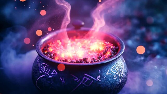 Enchanting cauldron steaming with magical fire