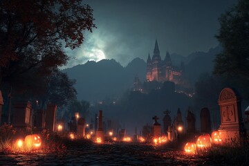 Fototapeta premium Spooky Halloween Night: Jack-o'-lanterns Illuminate Graveyard Path Leading to a Mysterious Castle on a Hilltop under a Full Moon.