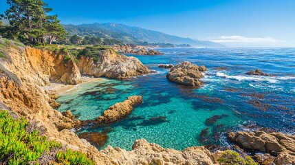 Coastal California Cove: Turquoise Waters, Golden Cliffs, Serene Landscape