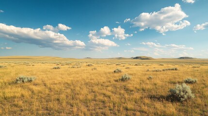 Tranquil steppe landscape with vibrant grass under a serene sky expanse