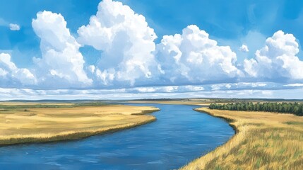 Serene River Valley Golden banks frame a blue river under puffy clouds in a painted landscape