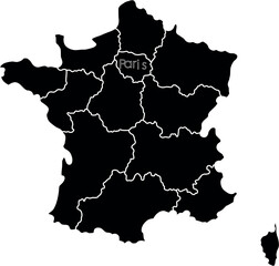 France Silhouette Map with Administrative Divisions and Paris