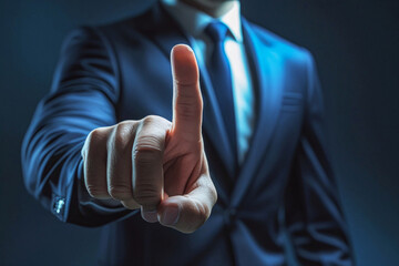 business man push and point forefinger and show hand up while standing with digital service data center server background for modern technology infographic hud overlay concept