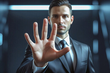 business man push and point forefinger and show hand up while standing with digital service data center server background for modern technology infographic hud overlay concept