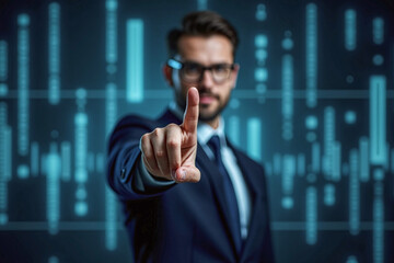 business man push and point forefinger and show hand up while standing with digital service data center server background for modern technology infographic hud overlay concept