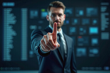 business man push and point forefinger and show hand up while standing with digital service data center server background for modern technology infographic hud overlay concept