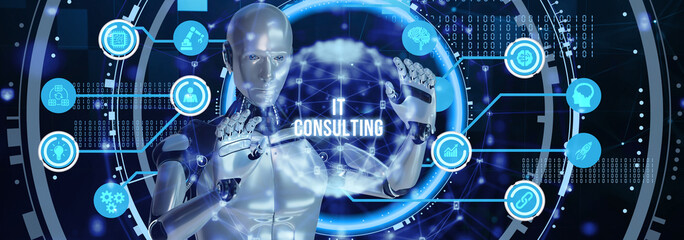 IT consultant presenting tag cloud about information technology. 3d illustration