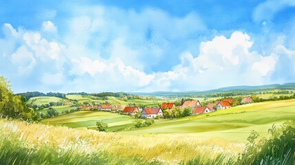 Watercolor illustration of idyllic rural countryside with rolling hills