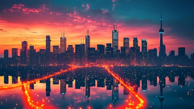 Vibrant Cityscape Skyline at Dazzling Sunset with Glimmering Reflections