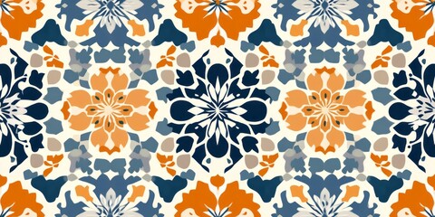 Ornate floral pattern repeats with blue orange and beige tones