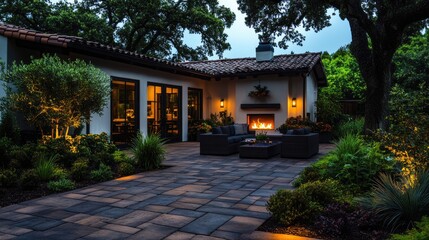 Fototapeta premium Evening patio with fireplace and lighting. Outdoor living space