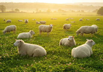 Fototapeta premium Herd of sheep grazing on lush green meadow under bright sunny skies, framed by distant mountains and a clear blue lake.