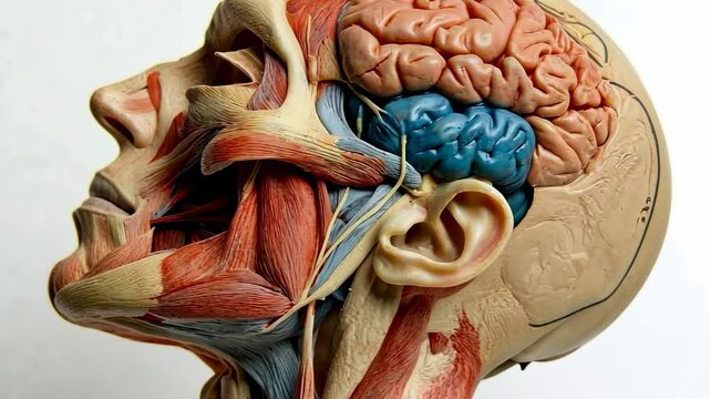 Detailed Anatomical Model of the Human Head and Neck, showcasing intricate muscle structure, nerves, and brain.