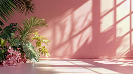 Pink tropical room with plants, flowers, and soft window shadows