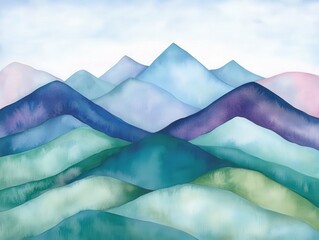 Serene watercolor mountains undulate in a calming abstract landscape