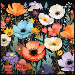Hand-Drawn Wild Floral Pattern on Moody Dark Base