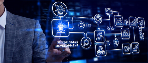 SUSTAINABLE DEVELOPMENT inscription, cloud technology concept. Business, Technology, Internet and network concept.