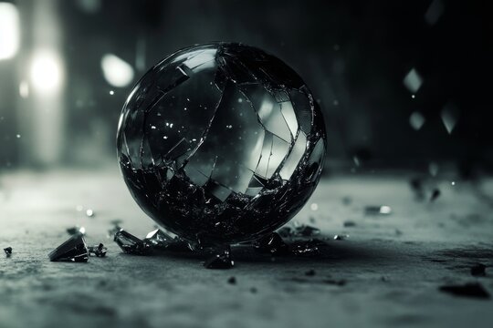 Shattered sphere of glass on a dark surface - Powered by Adobe