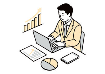 ノートパソコンで仕事をするビジネスマンのイラスト（グラフ・資料付き）